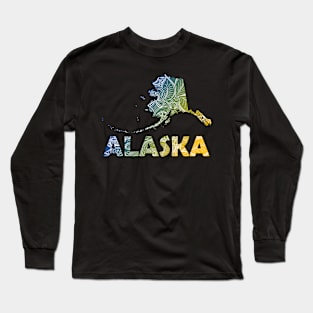 Colorful mandala art map Alaska with text in blue and yellow Long Sleeve T-Shirt